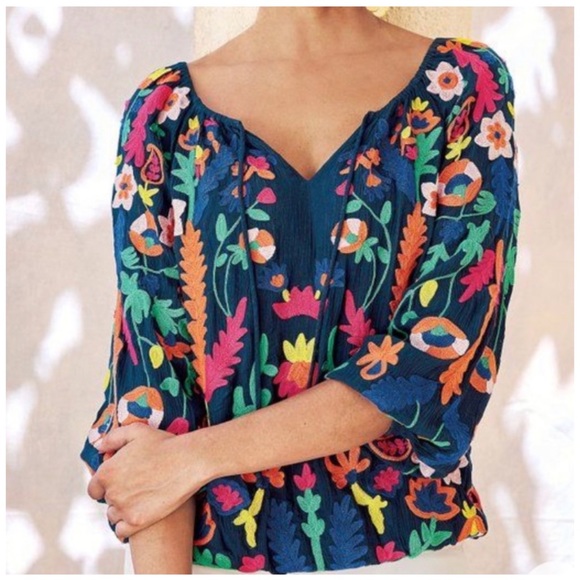 Soft Surroundings Banjara Boho Embroidered Peasant Top Blue Medium - Picture 2 of 11